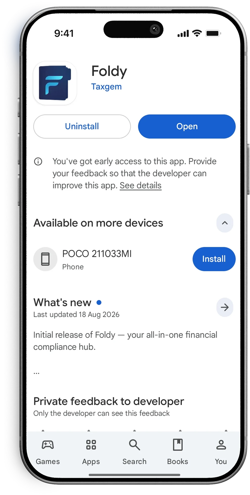 Foldy app listing on a phone