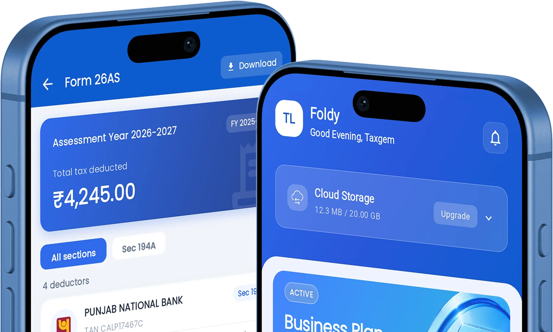 Foldy shown on two phones: a Form 26AS statement and the app dashboard