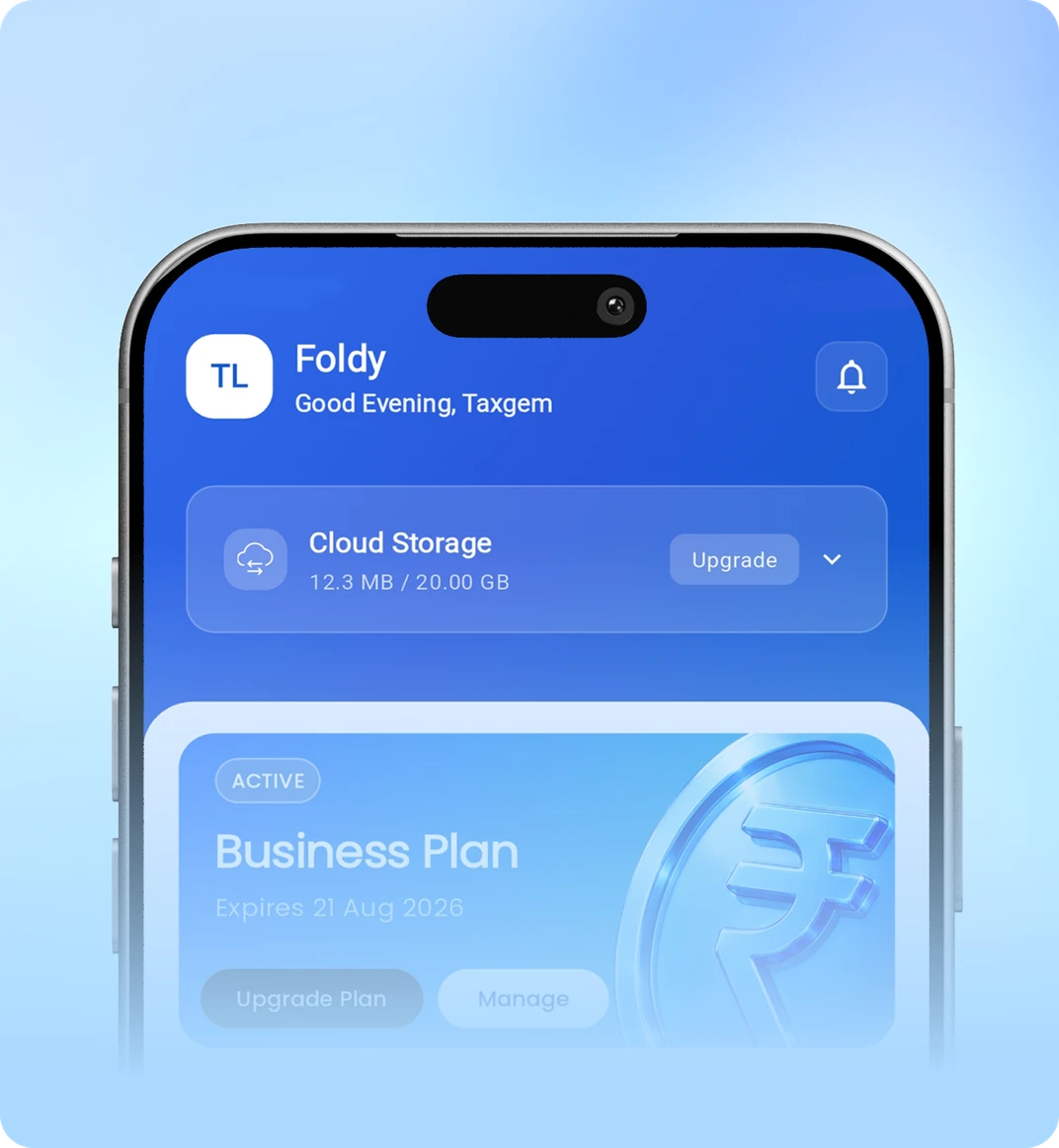 Foldy app home screen showing cloud storage and the active business plan