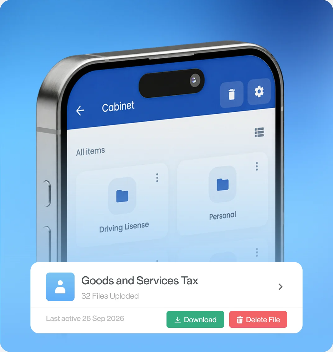 Foldy showing a GST file with download and delete actions