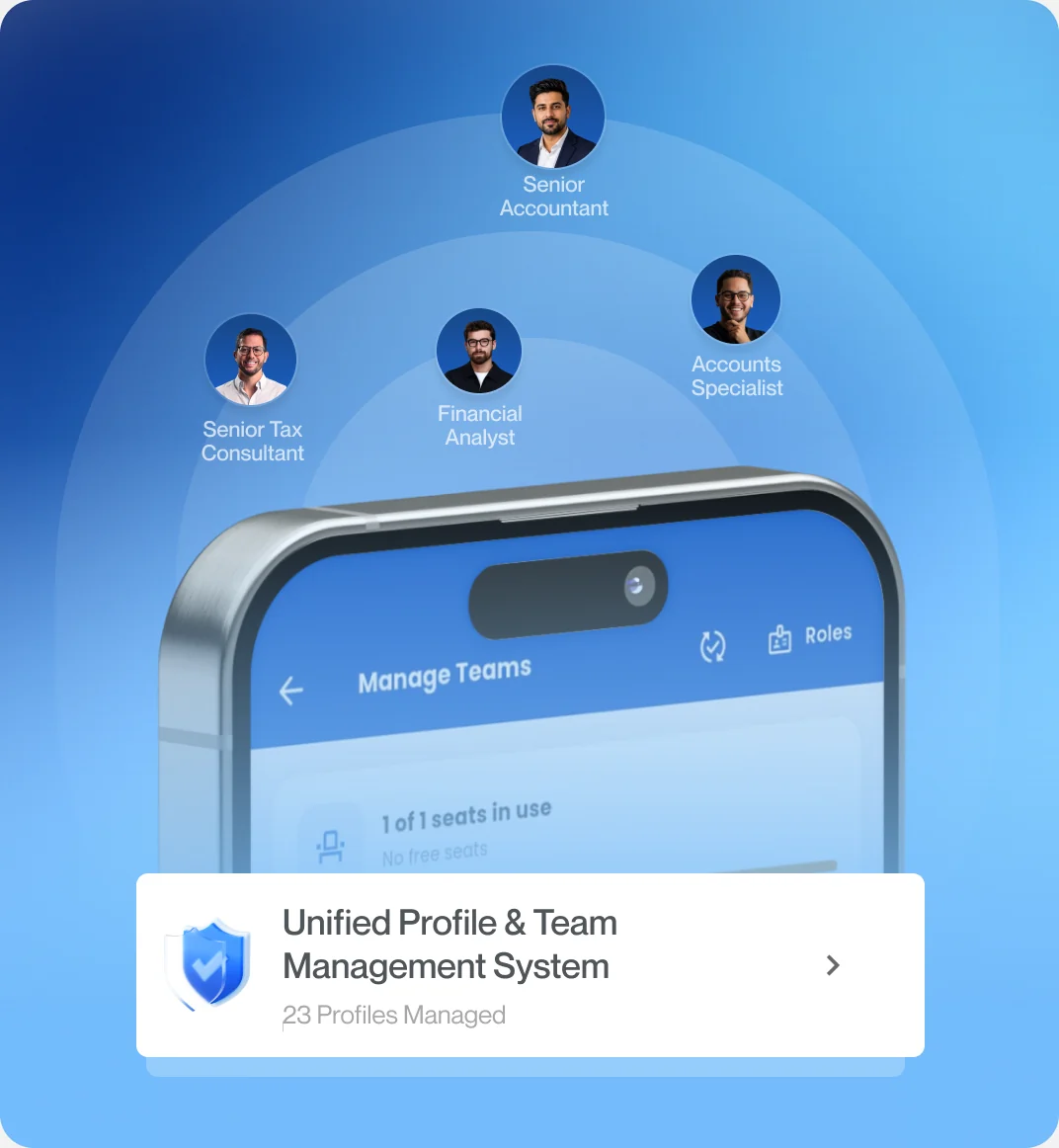 Foldy showing unified profile and team management with per-member access